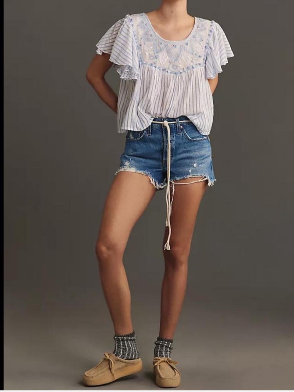 Anthropologie Embroidered Flutter Sleeve Top